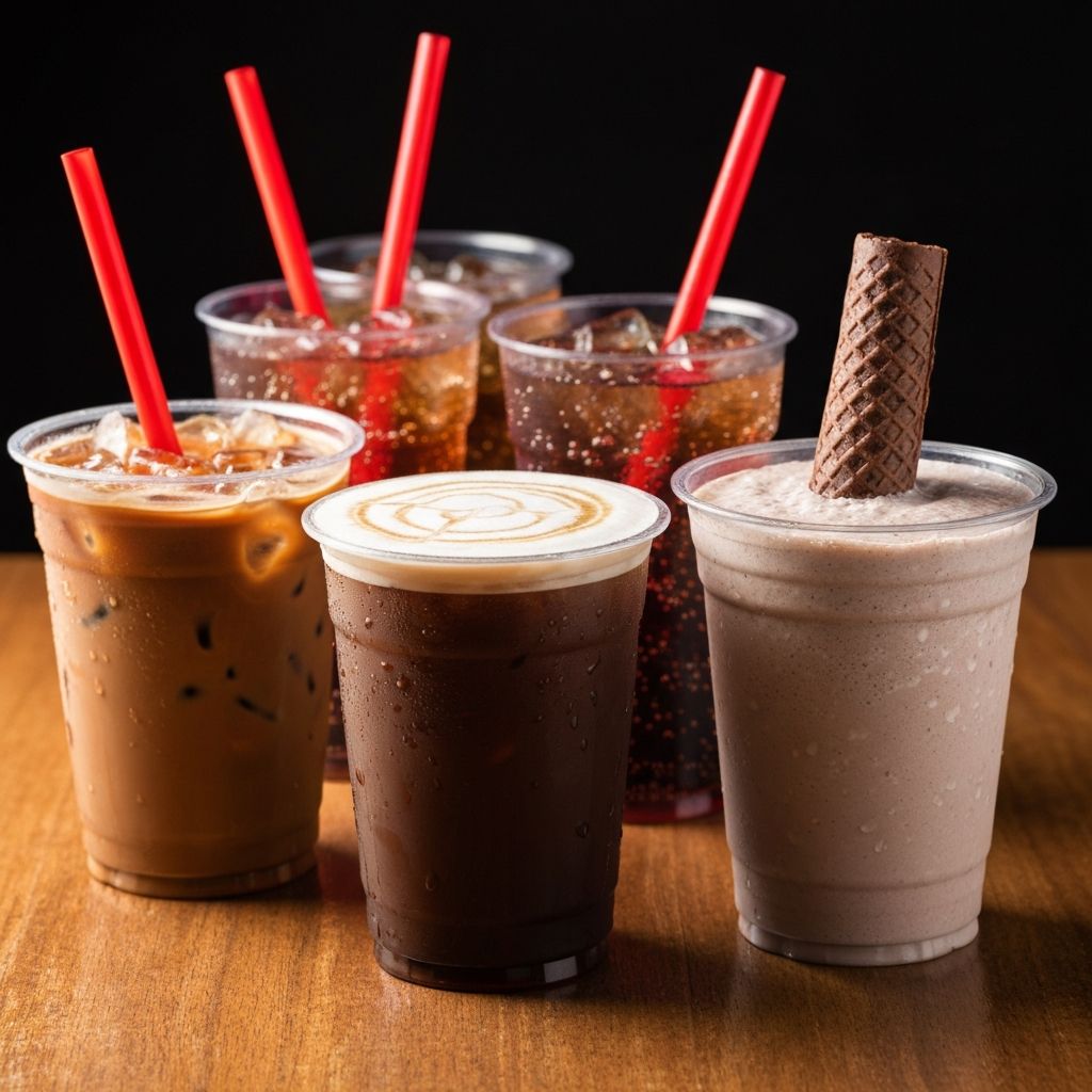 Assortment of cold takeaway beverages including iced coffee, soft drink and milkshake