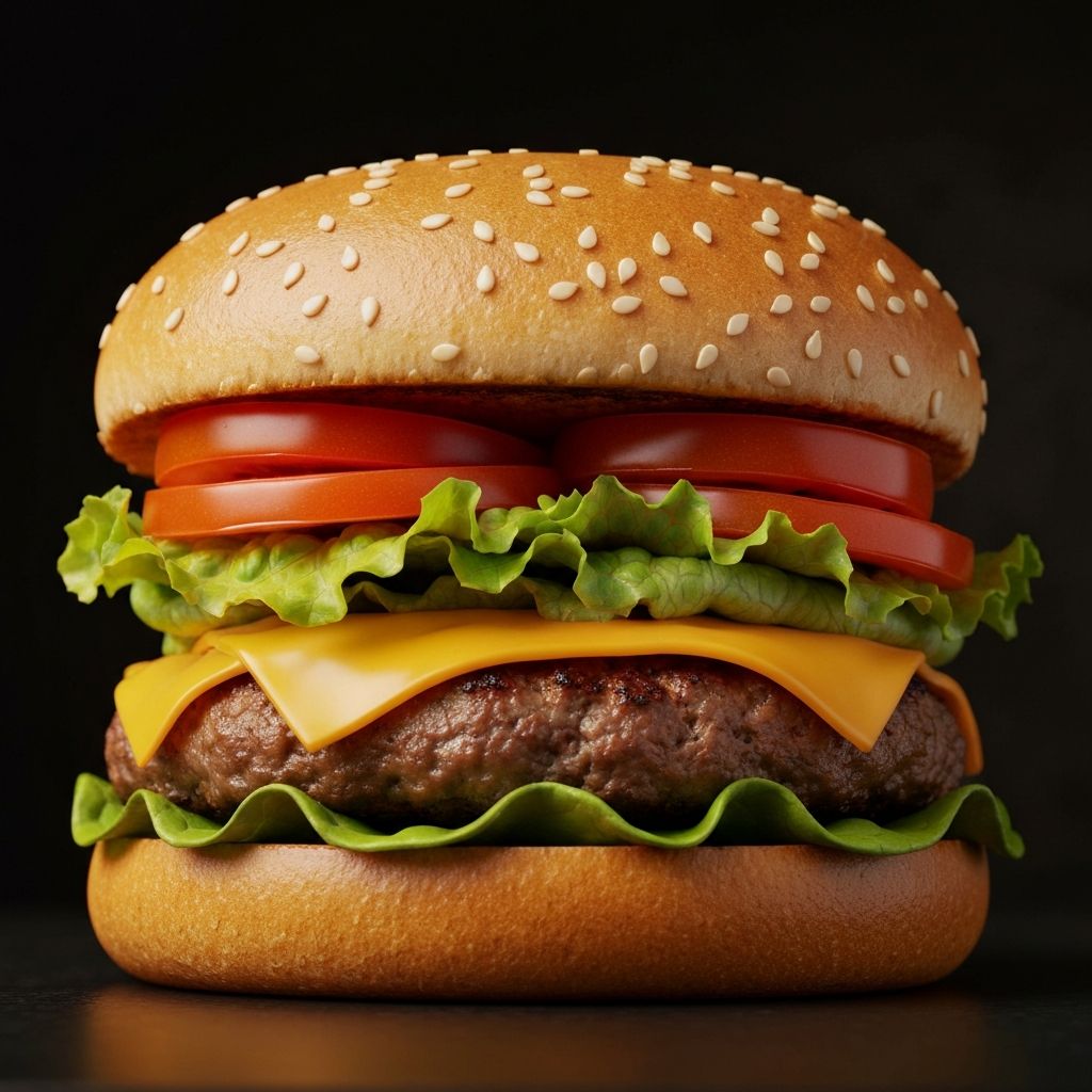 A chargrilled beef burger with melted cheese, fresh lettuce and tomato on a sesame seed bun