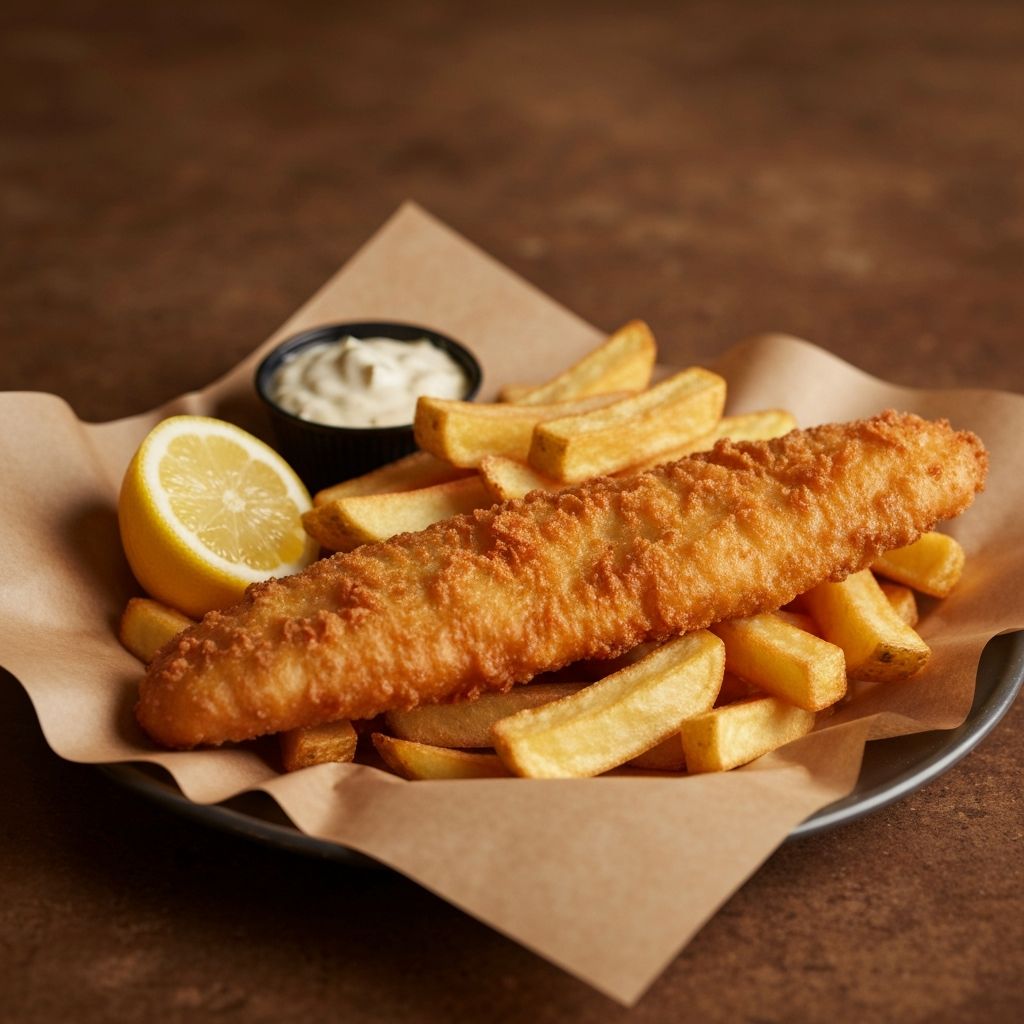 Golden battered fish fillet with chunky chips, lemon wedge and tartare sauce on paper wrapping