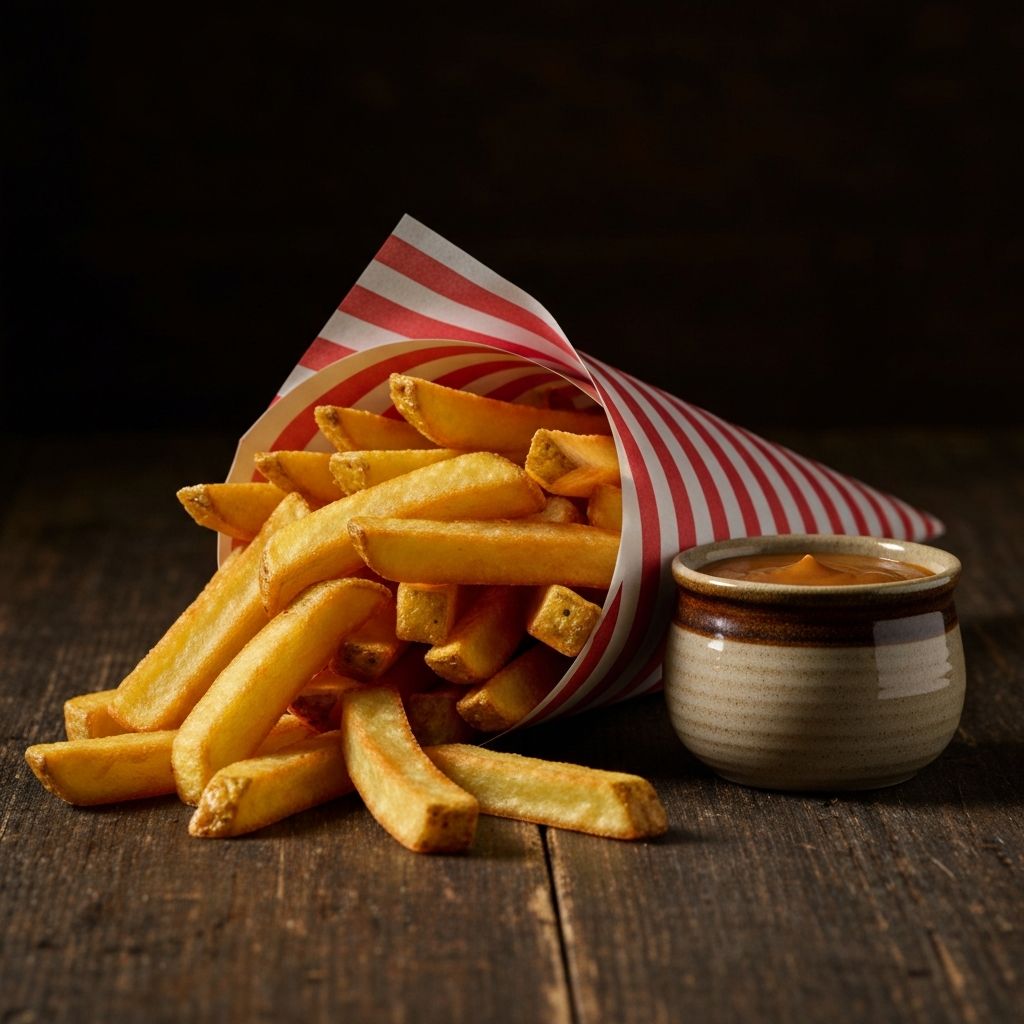 Golden crispy thick-cut fries in a striped paper cone with a dipping sauce