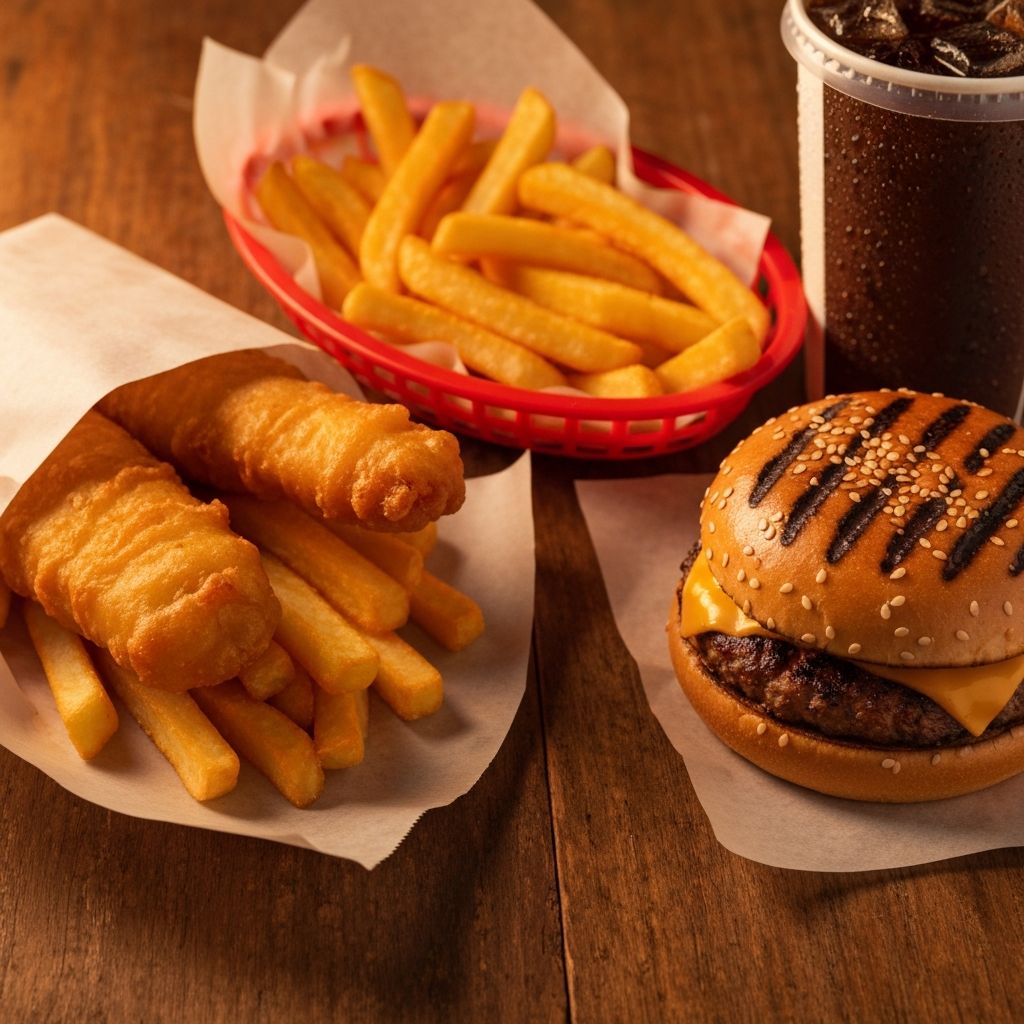 Assortment of Munchies takeaway food including burgers, fish and chips, and fries